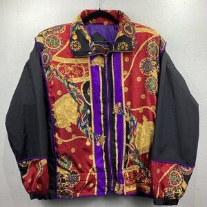 WINTERSET Baroque Print Bomber Jacket Womens Size L Purple Black Red Gold Retro